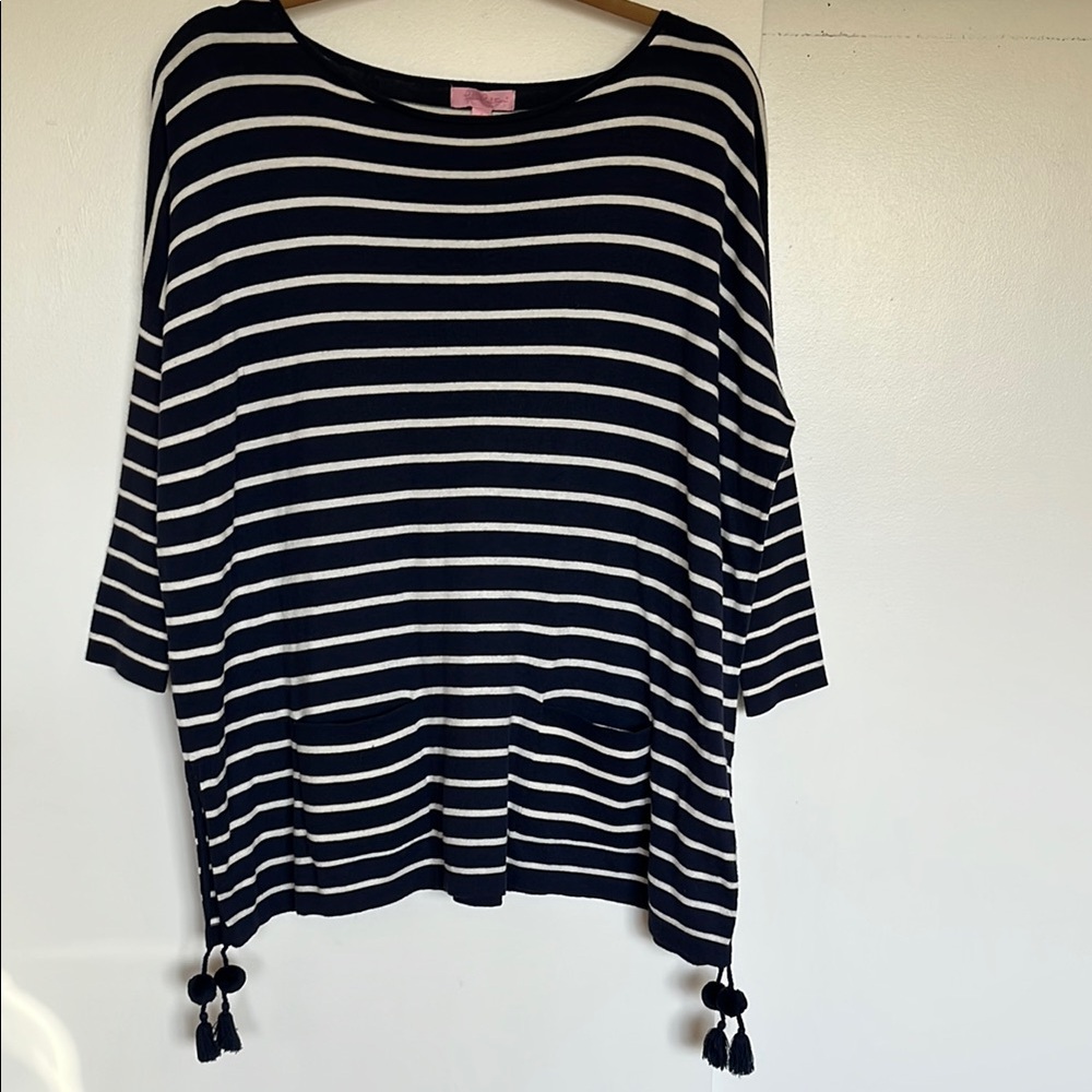 Lilly Pulitzer Elba Navy and White Striped Sweater with Tassels